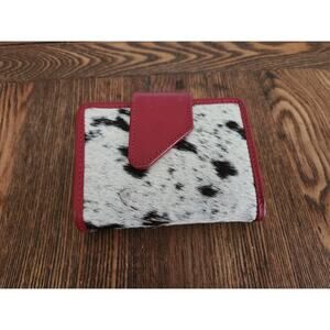 Genuine leather black/white cowhide trifold red wallet Snap closure